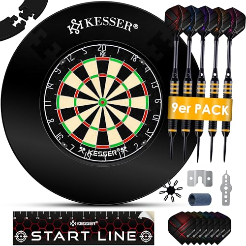 KESSER® Dartscheibe Kork mit 9 Dartpfeile Professional Dartboard 21 Pro Flights Steeldart Offizielle Dartscheibe 9 Pfeilen Metallspitze Profi Steeldartscheibe + Dartscheibenring & Montageset Schutz