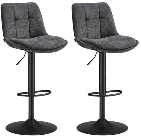 VASAGLE Barstolar, set om 2, köksstol, vridbar sits med justerbar höjd, med rygg och fotstöd, matsal, disk, stål, skiffergrå LJB195G02