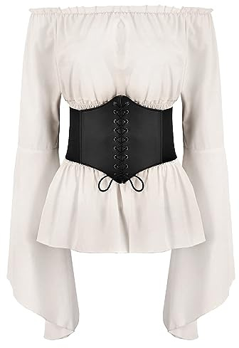 ABEHIK Damen Renaissance Bluse Mittelalter Gothic Oberteil f�r Frauen Langarm Trachtenbluse mit Trompeten�rmel Schulterfrei Shoulder Shirt wei� M