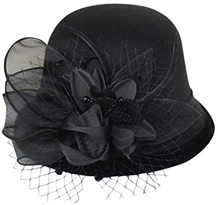 Générique Chapeau Femme Hiver Chaud Chapeau Melon en Feutre Style Années 1920 Cloche Femme d'église Elégant avec Fleur Fedora Bob Homme Cadeau de Noël pour Filles et (Black, One Size)