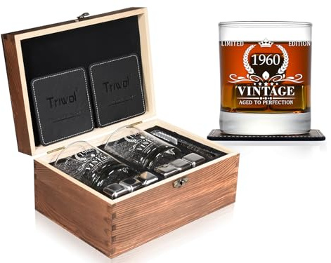 Triwol 65th Birthday Gifts for Men, Vintage 1960 Whiskey Glass and Stones Gift Set, 2 x 11 oz Crystal Old Fashioned Glasses, 6pcs Stainless Steel Chilling Rocks, Gift Box
