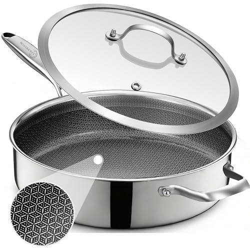 LOLYKITCH 12 Inch Deep Frying Pan with Lid, Nonstick 5QT Tri-Ply Stainless Steel Sauté Pan with Ceramic Coating, PFOA & PFOS Free, Induction Cooking Skillet, Dishwasher and Oven Safe