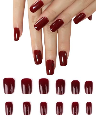 UYRVAPE 24pcs Press On Nails Kurz Eckig, Nägel zum Aufkleben Rot Einfarbig, Künstliche Fingernägel zum Aufkleben, Full Cover Kunstnägel für Frauen, Fake Nails für Halloween und Weihnachten(Rot)