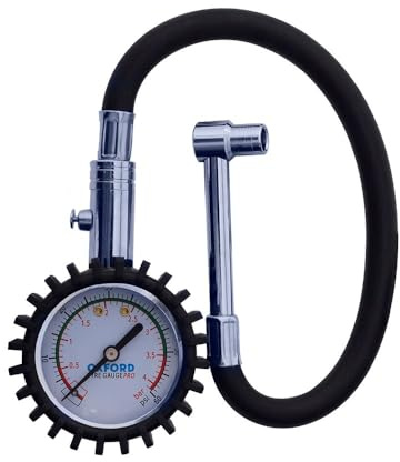 Oxford Tyre Gauge Pro Analogue Dial Type 0-60 PSI with 2 Inch Steel Case Tough Acrylic Window 14 Inch Flexible Hose 360 Degree Swivel Head Pressure Hold and Bleed Valve for Motorcycles Cars Caravans