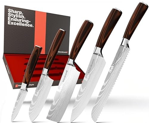 Matakumi set coltelli da cucina con motivo damascato inciso, lame affilate in acciaio al carbonio con manici ergonomici per un uso comodo e duraturo, set coltelli da cucina professionali da 5 pezzi