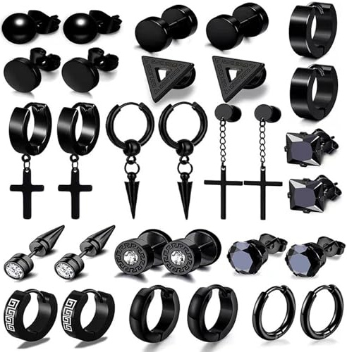 JSTHHTT 15 Pares Pendientes Hombre, Piercing Ear Bisel Redondo, Pendientes Negro para Hombres, Cruz Colgante Set