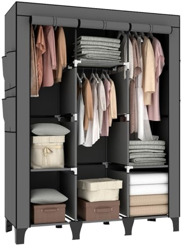 OPPAIYA Canvas Wardrobe, Portable wardrobe With 3 Hanging Rails, 6 Shelves and 8 Side Bags, 165 * 45 * 125cm Temporary wardrobes, Large Fabric wardrobes for bedroom Cheap、Living Room - Gray