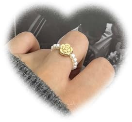 Eviarli Vintage Stretch Ring Perlen Perlen Stapelbarer Ring StretchRing Handgefertigte Stapelringe Schmuck Damen (Goldene Rose)