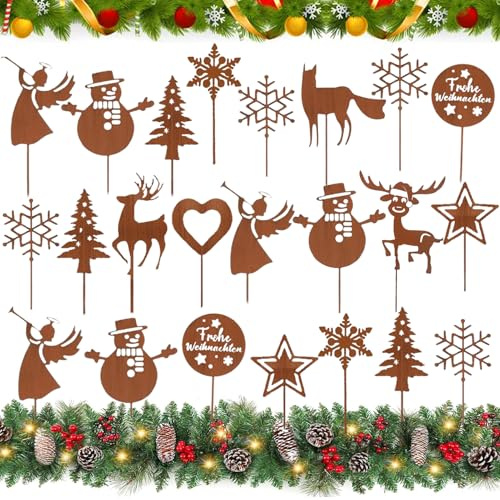 22PCS Garten Roststecker Metall Adventskranz Rost Dekostecker Winterwald Rost Gartendeko Stecker Rostoptik Gartenstecker Garten Metallstecker zum Advent Weihnachten Deko,Gartenstecker Weihnachten
