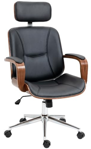 Vinsetto Fauteuil de Bureau Appui-Tête Amovible Charge 120 Kg Noir Noyer | Chaise de Bureau Ergonomique, Hauteur Réglable, Fonction de Bascule, pour Chambre, Télétravail, Cuir Synthétique
