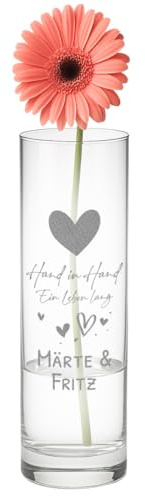 polar-effekt Blumenvase aus Glas mit Gravur Hand in Hand - Hochzeitsgeschenk für Paare - Vase mit Namen personalisiert - Für Wohnzimmer, Küche, Schlafzimmer & Büro