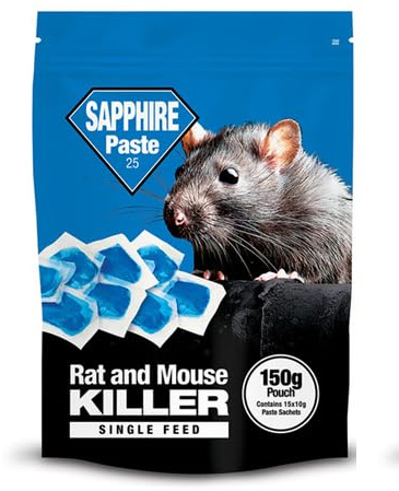 Sapphire Paste 25 Rat & Mouse Killer – Single Feed Poison Paste Bait with Brodifacoum 0.0025% – Fast-Acting Rodent Control for Indoor & Outdoor Use – 150g Resealable Pouch (5)
