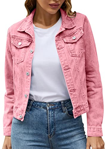 Ladies Denim Jackets, Womens Long Sleeve Casual Trucker Jean Jacket, Classic Button Up Outerwear Coat for Spring, Autumn