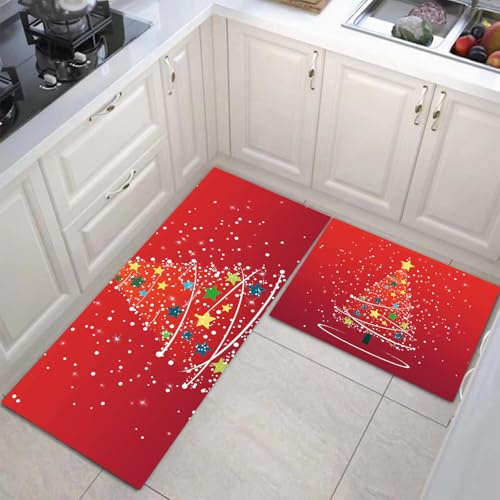 MULERN Küchenteppich Läufer 2 Stück, Niedlich Sterne Weihnachtsbaum rutschfest Waschbar Küchenläufer, Anti-Müdigkeit Küchenmatte, Weich Teppich für Küche Flur Rot, 40x60cm+40x120cm