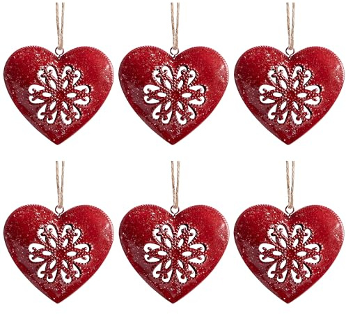 LFUTARI 6 Pcs Valentines Metal Heart Ornament, Christmas Heart-Shaped Metal Decoration, Vintage Red Hearts Wall Hanging Decor for Valentine's Day Christmas Tree Holiday Party Home Decoration