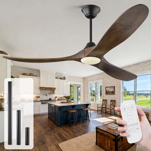 MSHENUED Ventilador de techo exterior de 178 cm con luz y control remoto. Motor DC silencioso, 3 aspas de madera maciza, diseño moderno. Potente para terraza, salón y dormitorio