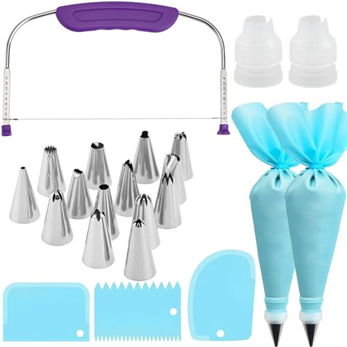 Mtbricey 27.3x15.8cm / 10.7x6.2inch Purple Adjustable Stainless Steel Wire Cake Slicer Cutter with Non-Slip Handle & Blue 21 Pcs Cream Scraper for Leveling Kitchen Baking Tools Cutting Bread Toast