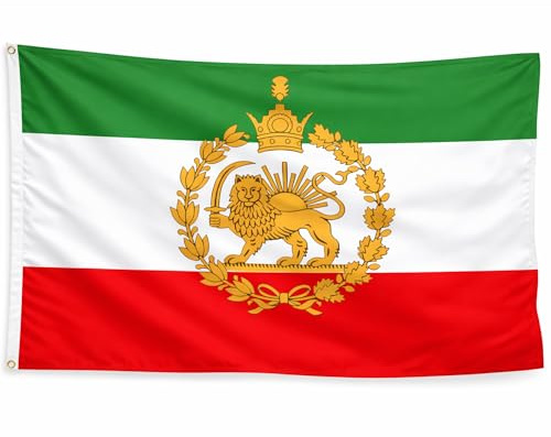 Bandiera iraniana con leone persiano e sole con 2 occhielli in ottone Corona Persia e ghirlanda Tricolore Banner - 90 x 150 cm - Poliestere resistente - (emblema imperiale)