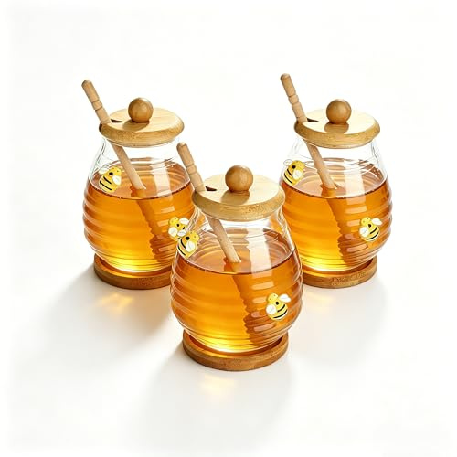 BestYiJo 3 dispenser per miele, 400 ml, trasparenti, con mestolo e coperchio, barattoli per miele con coperchio, barattolo per miele con cucchiaio per miele, sciroppo, alveare, cucina