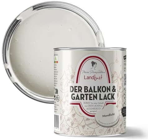 MissPompadour Balkon & Garten Außenlack Mondlicht Weiß 1 L | Wasserbasiert, seidenmatt, Holzlack mit UV Schutz, für Holz, Metall, Hart PVC, Fliesen und steinartige Untergründe