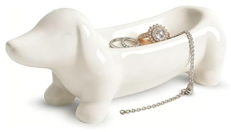 Kalsey Dackel Schmuckschale, Hund Deko Figur Für Damen | Ringhalter Dackel Weiße Keramik, Schmuckablage Für Ringe Und Ohrringe, Hundefigur Deko für Badezimmer Und Schlafzimmer （1）