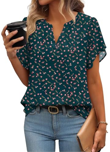 Zeagoo Summer Tops for Women UK Ruffle Short Sleeve Blouse Solid Color Blouses V-Neck Chiffon Stretch Shirt Floral Tunic Top B-Dark Green Floral S