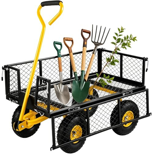 RRrawgff Chariot de Jardin en Acier, Chariot de Transport, côtés Amovibles Transformable en Plateau, 4 Roues, charrette, remorque, poignée rotative à 180°