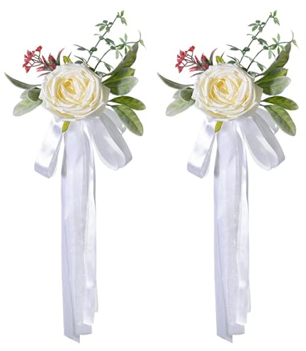Kinesgsg 2 Piezas Decoracion Coche Boda, Decoración de Boda con Flores Artificiales, 18 x 45cm Lazos para Coche Blanco, Lazos de Coches de Bodas Reutilizable, para Tiradores Des Puerta