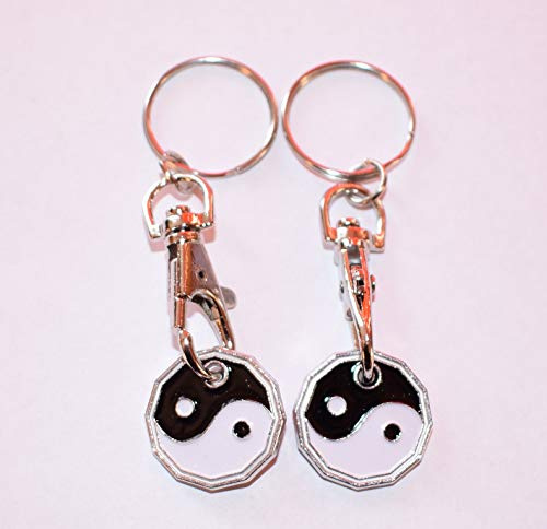 2 X NEW SHAPE 12 Edge Sided Trolley Token £1 Coin Pound Shopping Key Ring Clasp Supermarket Locker (Yin Yang)