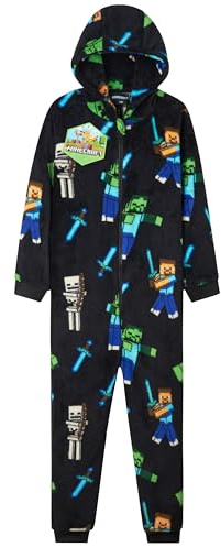 Minecraft Combinaison Polaire Garçon Ado, Combinaison Pyjama à Capuche, Vêtements de Nuit Enfants - Cadeau Gamer (Noir AOP, 9/10 Ans)