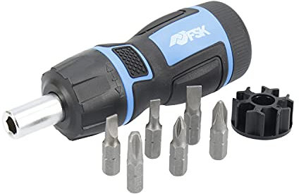 Ferrestock FSKDES017 Set Destornillador con carraca de 72 Dientes, Giro en ambas direcciones, 6 Puntas Intercambiables y Compartimento Interior para guardarlas, 7 Piezas