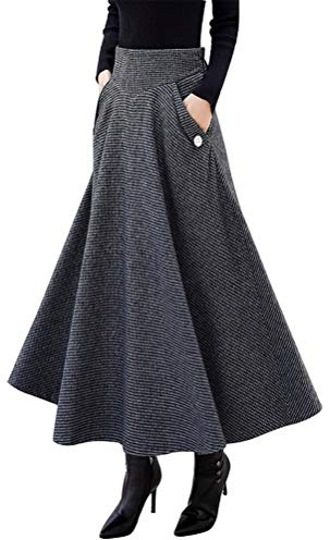 IDEALSANXUN Gonna Lunga a Trapezio da Donna, a Vita Alta, in Lana Scozzese, Autunno/Inverno, Grigio Scuro, XX-Large