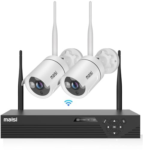 maisi Wireless CCTV Security Camera System with 500GB Hard Drive for up to 30 days Recording, 4 Channel NVR, 2pcs 3MP HD Outdoor WiFi IP Bullet Camera (Night Vision, P2P, APP/Email Alert, Waterproof)