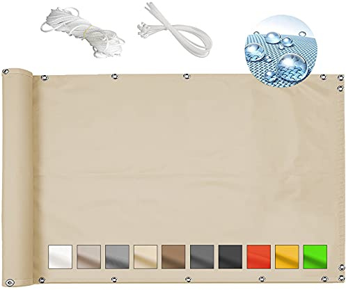 MEEYI Pantalla para balcón 0.6x13m Claro poliéster Lona Cubierta de privacidad de balcón toldo para balcón Parasol protección Rayos UV para Valla jardín balcón con Cables y Cuerdas-Beige