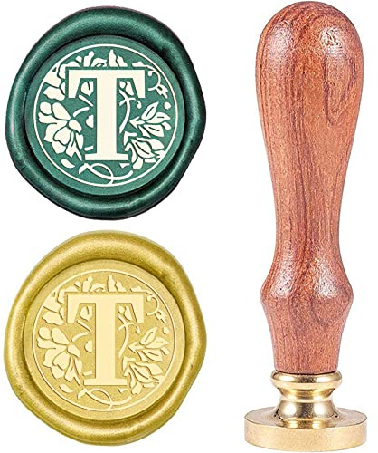 craspire Alphabet Initialen Wachssiegelstempel Classic Vintage 26 Buchstaben AZ 25mm Abnehmbarer Messingkopf Holzgriff Für Umschlag Einladung Verschönerung Geschenk Dekoration(Buchstabe T)