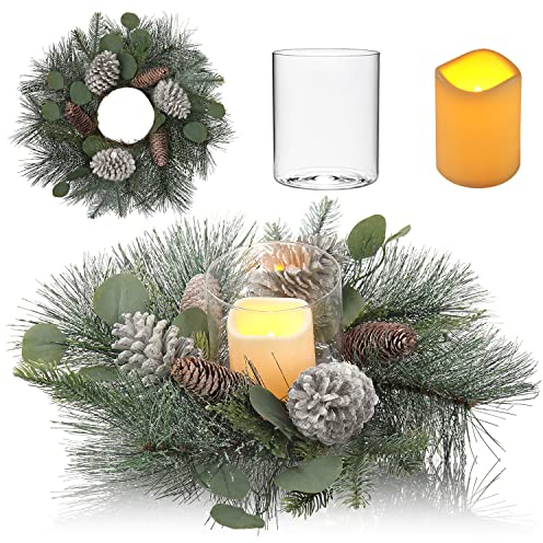 Christmas Wreath, 18/46cm Artificial Advent Wreath for Table Centerpieces with Flameless LED Candle, Glass Holder, Xmas Ornaments for Christmas Decoration or Front Door Home Wall Window Hanging