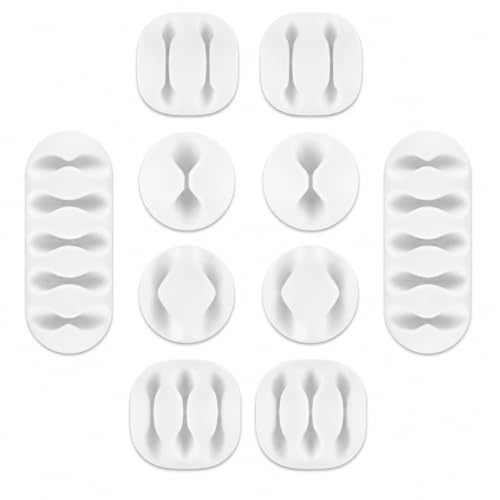 Rohans Desktop Cable Holder Clips, 10-Pack Cable Management Cord Organiser Clips Silicone Adhesive for USB Charging Cable Mouse Wire PC Office Home (White)