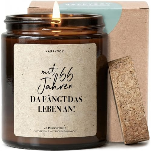 Mit 66 Jahren da fängt das Leben an - Duftkerze mit Spruch als Geschenk zum 66. Geburtstag, liebevolle Geschenkidee für Mama, Papa, Oma, Opa, Kerze im Glas, blumiger Duft