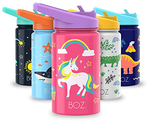 BOZ Kids vattenflaska med sugrör och läckagetät lock 400 ml, barnisolerad sugrörsflaska, diskmaskinsäker, BPA-fri plast, reptåligt tryck (Unicorn Design)