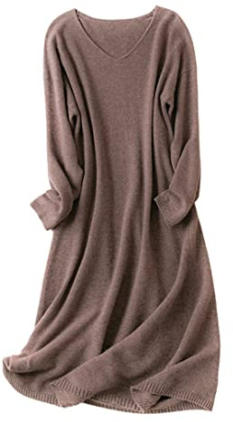 Disimlarl Women's 100% Cashmere Autumn/Winter Knit V-Neck Plus Size Pullover All-Collocation Long Dress Deep Khaki XXL