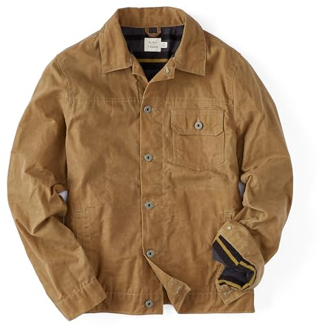Huckberry Flint and Tinder Men's Flannel-Lined Waxed Trucker Jacket, Water & Weather Resistant Mens Jacket (US, Alpha, Small, Regular, Regular, Field Tan, Regular Fit)