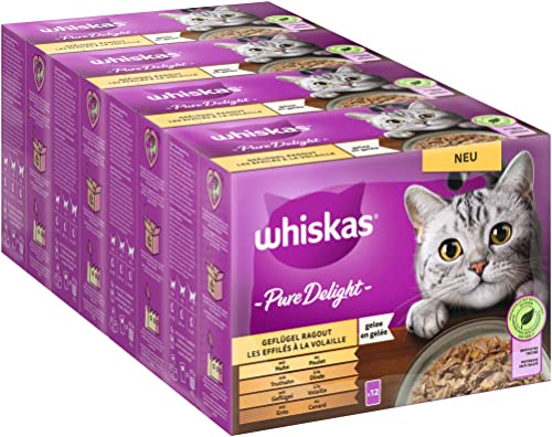 Whiskas 1+ Katzenfutter Pure Delight Geflügel Auswahl in Gelee, 12x85g (4 Packungen) – Hochwertiges Nassfutter für ausgewachsene Katzen in 48 Portionsbeuteln