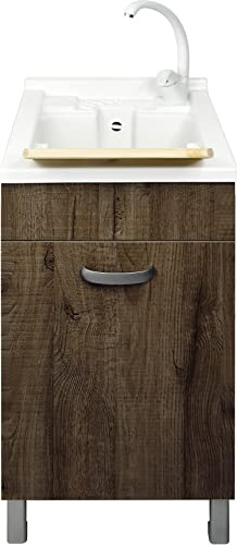 Jo-Bagno.it Mobile Lavatoio Lavanderia 45 x 50 x 84 H in Legno da 1.8 cm con vasca in plastica PVC DOMINA Bianco e Mix (Bianco/Wood Scuro)