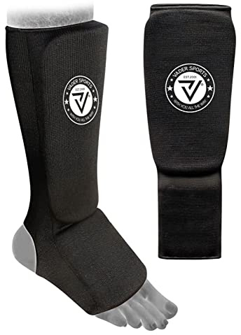 VADER Elasticated Shin Instep Pads Kickboxing MMA Muay Thai Shin Guards Protective Leg Foot Pad for Karate Taekwondo Martial Arts Training Sparring Kids/Adults (M Youth- 10-13Yrs, Black)
