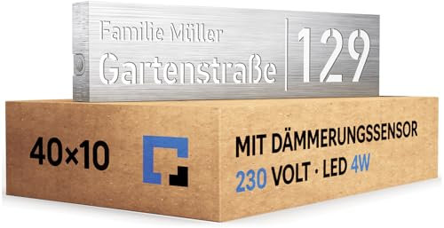 PRINTIMA Premium Gravur Personalisierter Hausnummer Anthrazit Beleuchtet Led Strom 230V, Hausnummernschild mit Dämmerungssensor, ist Langlebig, Wetterfest, Geringer Stromverbrauch 6W / A++