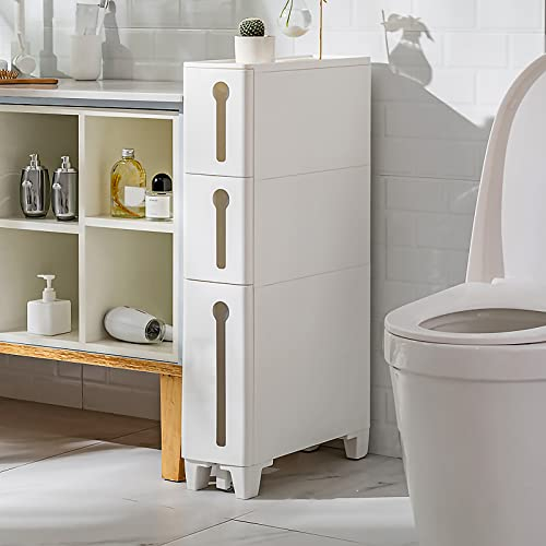 BUJOG Schmaler Badezimmer-Bodenschrank für Lücken, schmaler Schubladen-Aufbewahrungsturm mit 4 Schubladen und 2 Rollen, Standschrank, WC-Seitenstauraum, Badezimmer-Eck-Bodenschrank mit großem Fass
