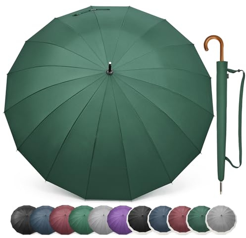G4Free 54 Inch Large Windproof Umbrella for 2 Persons, 16 Ribs Auto Open Classic Wooden J Handle Cane Stick Golf Rain Umbrellas for Men Women Travel 120cm (Dark Green)