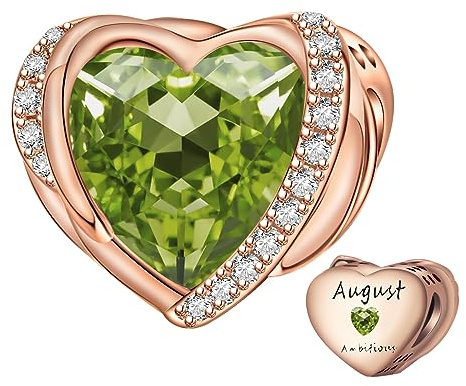 NINGAN Roségold August Birthstone Charms für Frauen Charms Armband, Engel Flügel 925 Sterling Silber Liebe Herz Bead Anhänger Graviert Ehrgeizig, Geburtstag für Mädche