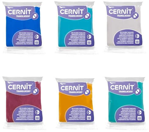 CERNIT CE9256275AMZC - Set of 6 Translucent Polymer Clay Doughs - Modelling Baking Clay - 6 x 56 g Blocks (Sapphire, Turquoise, Ruby, Emerald, Amber and White)
