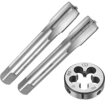 QUARKZMAN Set di 3pz Maschi e Filiera Metrici a Mano, M15 x 1 Maschi con Filettatura Conica/Tappo e Filiere Rotondo, Kit di Attrezzi Filettatura a Mano per Riparazione Filetti